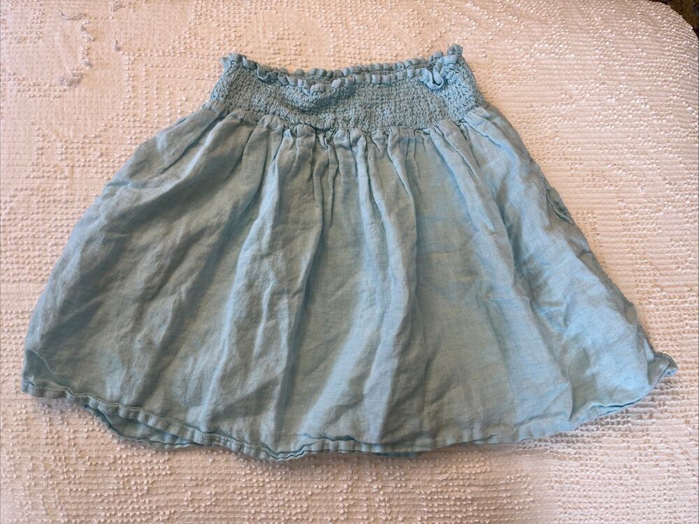 Cynthia Rowley Girls 100% Linen Smocked Skirt size L (10/12) Turquoise Blue Boho